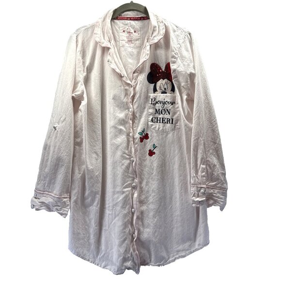 Disney Minnie Mouse Sequin Night Shirt S Red White Cherries Roll Tab Long Sleeve - Picture 1 of 10